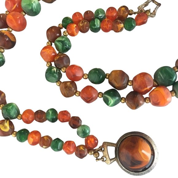 Orange Green Marbleized Beads Necklace Vintage Jewelry - Picture 5 of 7